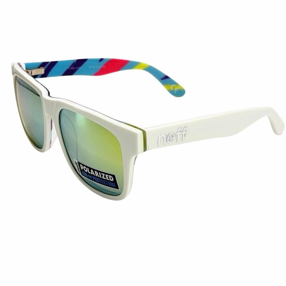 Neff Thunder Retro White Sunglasses Geometric Print Arms Green Mirror Polarized